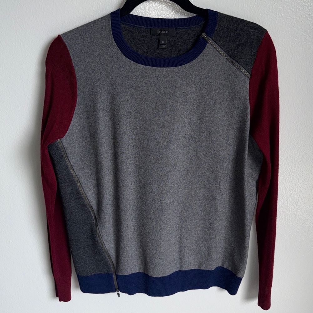 J. Crew Gray Blue Red Wool Blend Crewneck Sweater, Size Medium
